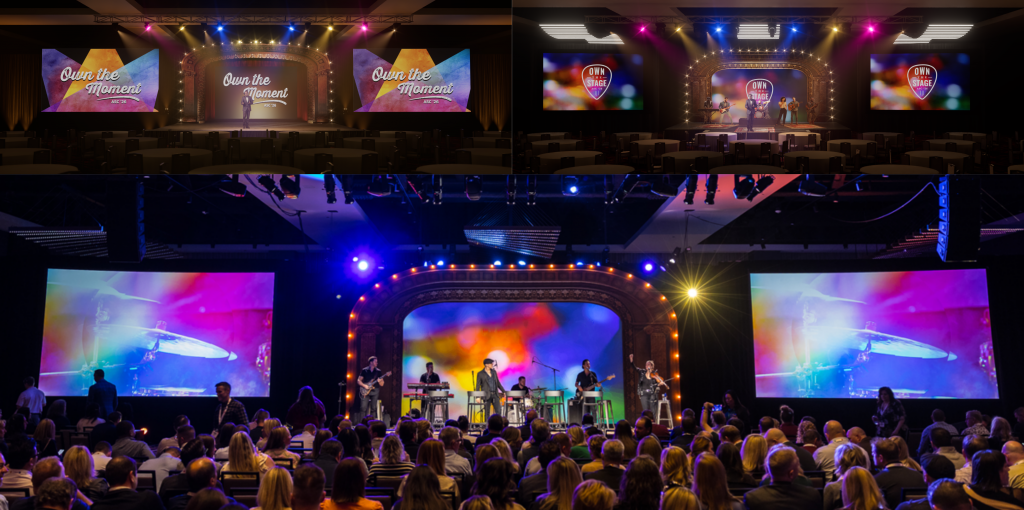 collage of stage concepting with the top left photo showing the RFP rendering, the top right photo showing the "Own the Stage" rendering, and the bottom showing the actual stage