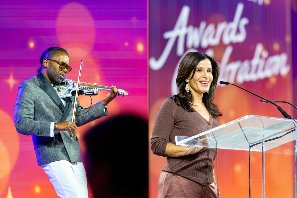 violinist and speaker on stage at awards celebration