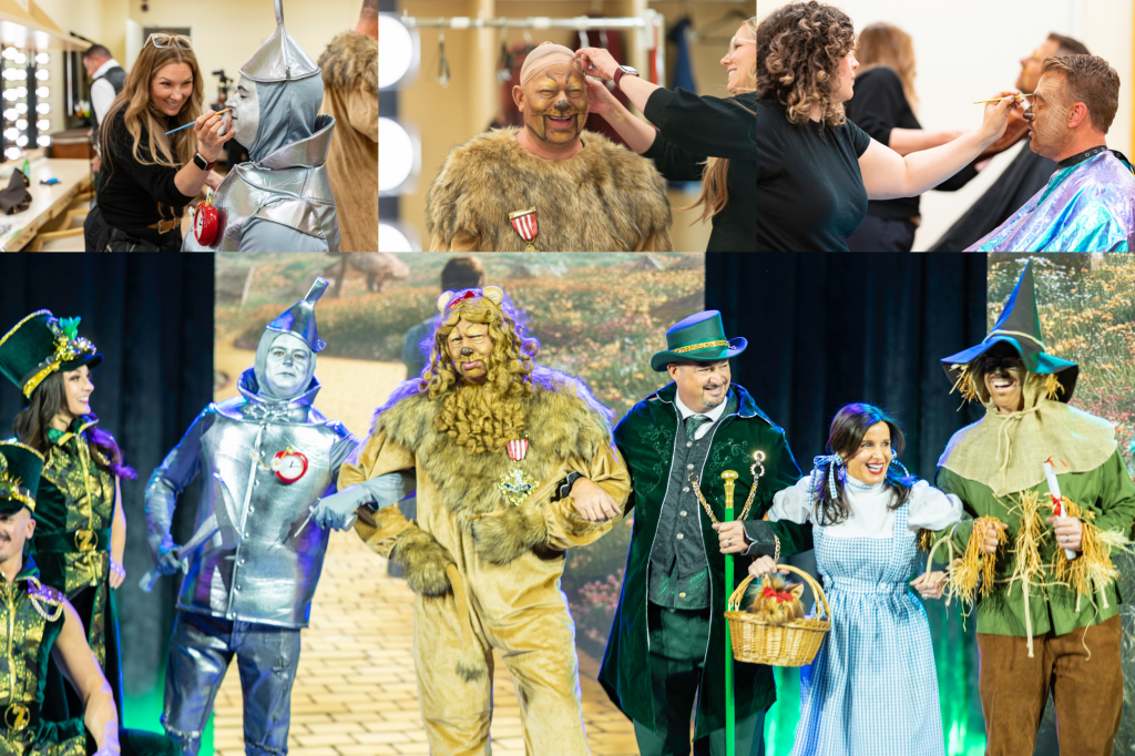 collage of images showing executives putting Wizard of Oz makeup and costumes on for the big reveal