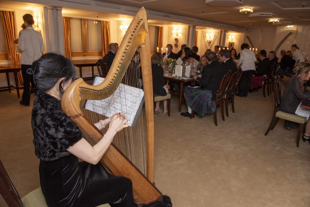 harp player performing during incentive dinner